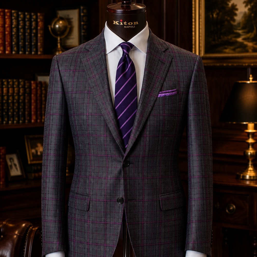 Kiton Cashmere Blend Charcoal Sport Coat with Regal Purple Windowpane.